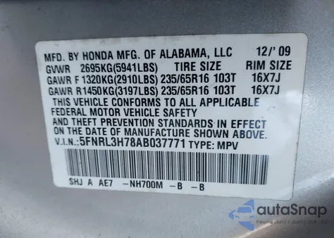 2010 Honda Odyssey Ex-L из США, поврежденный, VIN 5FNRL3H78AB037771